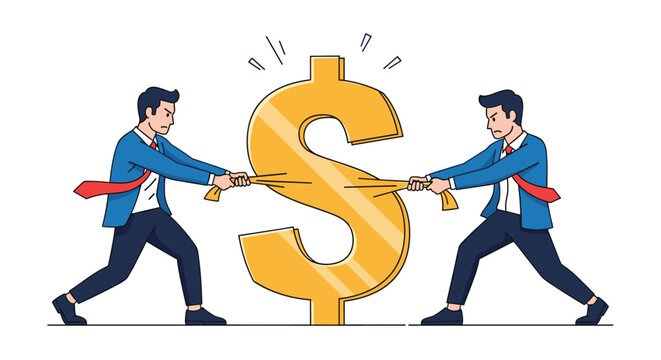 Two angry businessmen engaged in a tug of war with a gold dollar sign symbol representing intense financial conflict or competition.