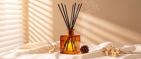 Fototapeta premium Amber glass reed diffuser bottle with rising scented smoke, placed on a linen cloth with dried flowers and soft window blind shadows in warm sunlight.