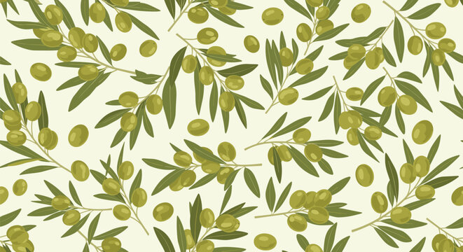 Dense and lush olive branch pattern with abundant green fruits and leaves for high end Mediterranean themed backgrounds.