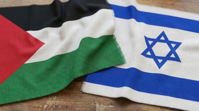 Flags of palestine and israel side by side on wooden surface