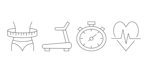 Fototapeta premium Fitness outline icons featuring waist measurement, treadmill, stopwatch, and heart monitoring.