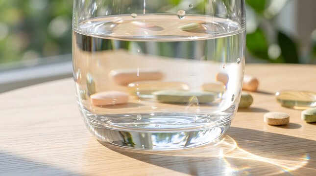 Vitamins dissolving in clear water in a glass on a wooden table with soft natural light