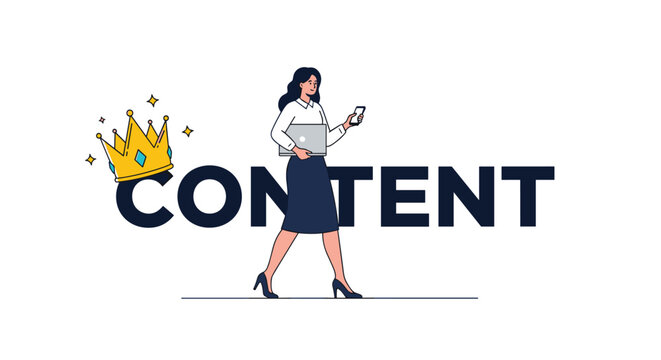 Successful businesswoman walking confidently past a giant word content decorated with a gold crown and sparkling stars.