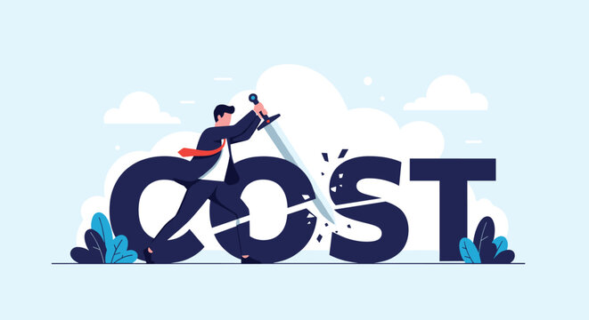 Brave businessman using a sword to cut through a giant word cost to represent reducing expenses and financial optimization.