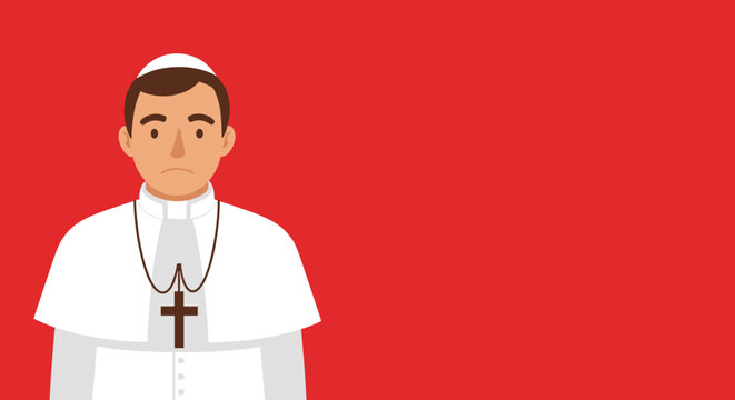 Flat illustration depicts a man dressed as the pope in traditional white robes with a pectoral cross necklace set against a bold red background.