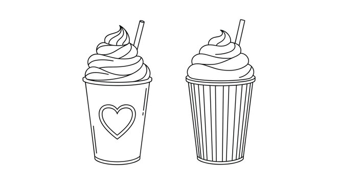 Simple black and white line art illustrations of two milkshake cups topped with whipped cream and straws on a white background.