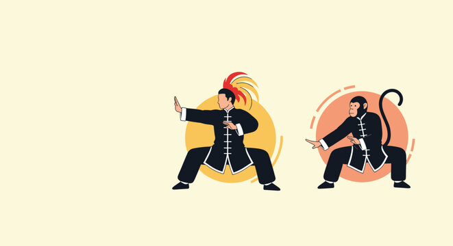 Illustration captures a man and a monkey both practicing traditional kung fu stances side by side on a soft yellow and orange circular background.