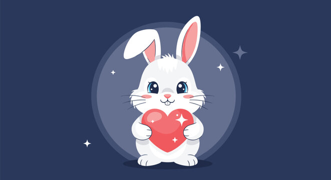 Adorable white rabbit character holding a large red heart with white star-like sparkles on a dark blue circular background.