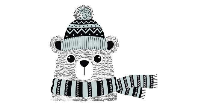 Cute polar bear character illustration wearing a gray and black striped pom-pom hat and a matching warm winter scarf.