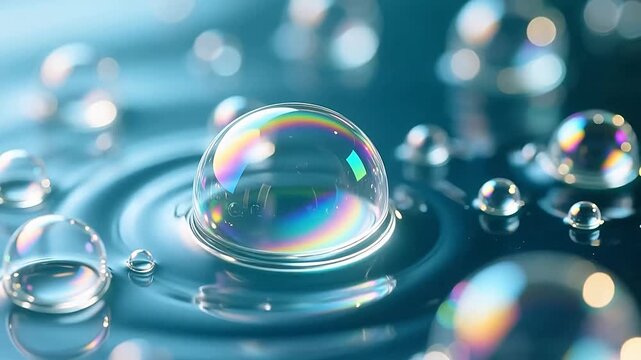 Iridescent soap bubbles on blue water surface, macro liquid droplets with rainbow reflections, ethereal floating spheres for wellness and spa background