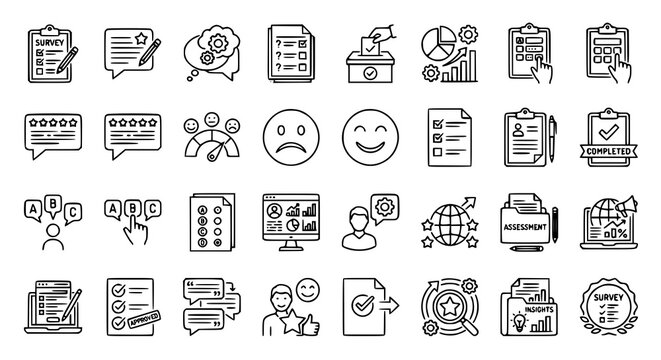 Survey Line Icons Pack Featuring Feedback Reviews Polls Questionnaires Research and Customer Satisfaction Elements