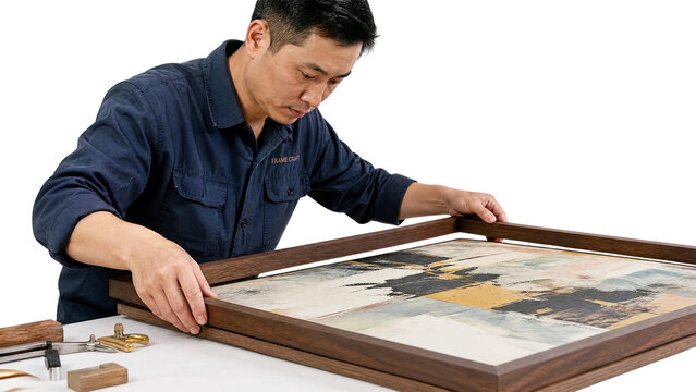 Professional Asian Craftsman Assembling a Wooden Frame for Abstract Artwork Isolated on Transparent Background