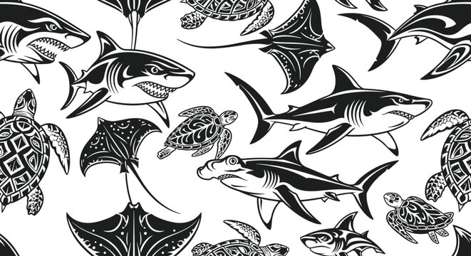 Seamless pattern features various marine animals like sharks and sea turtles in a decorative tribal black and white graphic design.