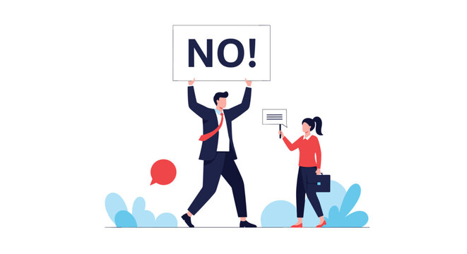 Stern businessman holding up a white sign with the word no to refuse a document from a businesswoman in a suit.