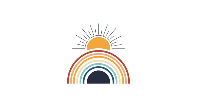 Minimalist abstract graphic design featuring a stylized sun rising behind a multi-layered semi-circular rainbow in earthy tones.