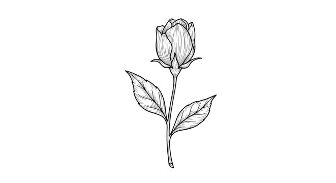 Detailed vintage style black and white line art illustration of a single rosebud on a stem with two leaves on a white background.