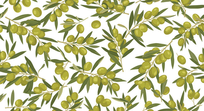 Lush seamless pattern featuring many green olive branches with leaves and ripe olives on a white background for food packaging.