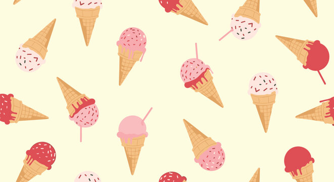 Colorful seamless pattern features various delicious ice cream cones with sprinkles and drippings on a light cream background for textile design.