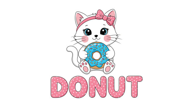 Adorable cartoon white kitten sits while holding a blue glazed donut with sprinkles above the word donut in a playful pink polka dot font.
