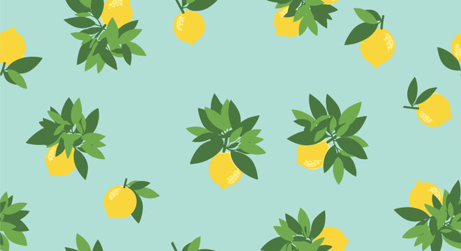 Vibrant seamless pattern depicts fresh yellow lemons on green leafy branches against a soft mint blue background for kitchen and summer decor.