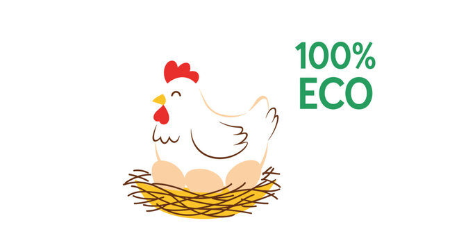 Charming illustration of a white hen sitting on a nest full of eggs with green text that says 100% eco for organic farming and natural products.