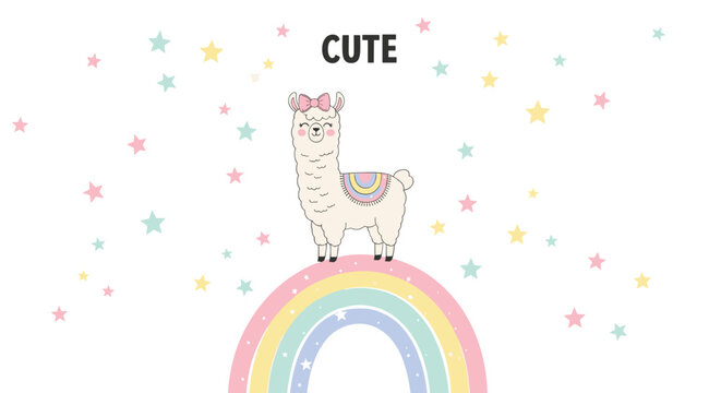 Joyful llama with a pink bow stands on a colorful pastel rainbow surrounded by tiny multi-colored stars and the word cute at the top.
