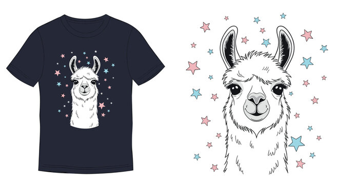 Navy blue t-shirt mockup showcases a cute white llama head print surrounded by pink and blue stars in a trendy graphic apparel design.