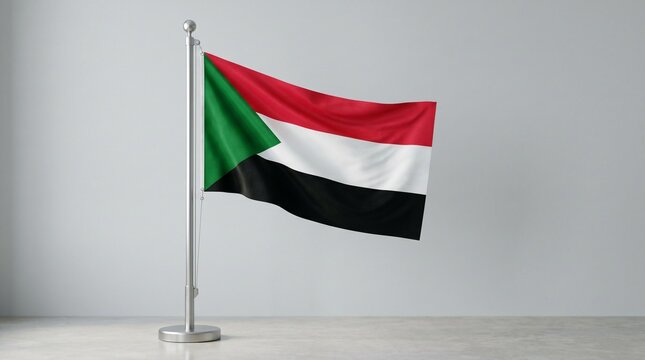 Small table flag of Sudan with red, white, black stripes and green triangle on silver stand, plain gray background emphasizing national identity and symbolic heritage&hellip;