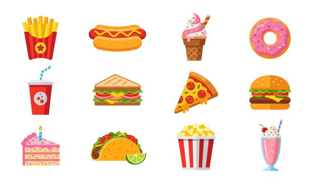 Colorful Fast Food Flat Icon Set with Burger Pizza Fries Donut and Ice Cream