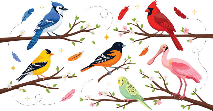 Set of colorful songbird vector illustrations featuring blue jay cardinal goldfinch baltimore oriole roseate spoonbill and parakeet perched on tree branches