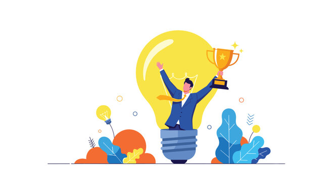 Joyful businessman emerging from a giant glowing lightbulb while holding a golden trophy celebrates a successful idea and innovative breakthrough.
