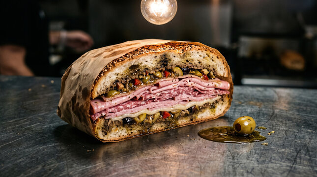 Delicious Italian sub sandwich with cured meats and olives on a rustic metal surface indoors