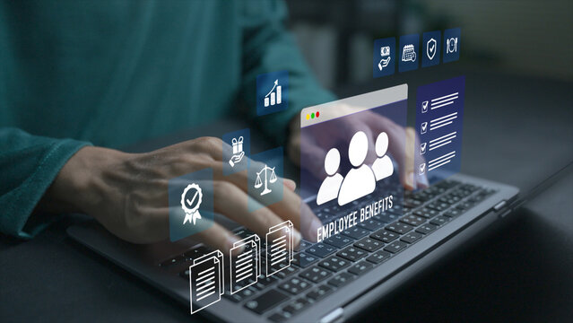 Employee benefits management concept. Person using laptop with insurance and rewards icons, staff compensation, workplace benefits and employee satisfaction programs.