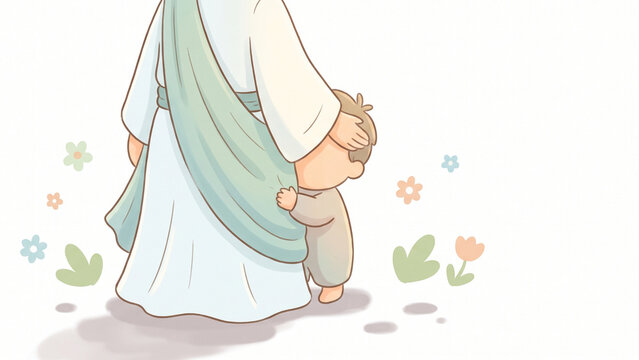 Jesus Walking Beside a Child Holding His Robe With Trust