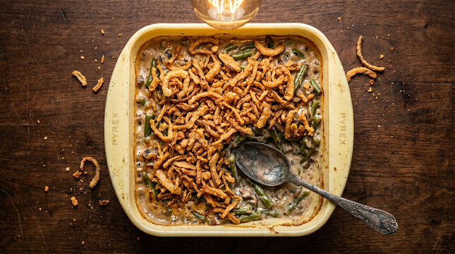 Green bean casserole with crispy fried onions in a yellow Pyrex baking dish on wooden table