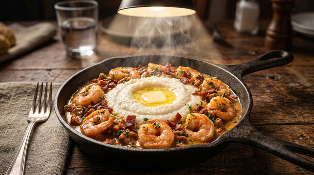 Steaming skillet of shrimp and grits with butter melting on top in a rustic setting indoors