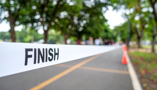 Success Milestone Concept Featuring a Close-Up View of a White Finish Line Ribbon Stretched Across an Asphalt Track in a Blurred Outdoor Park Setting