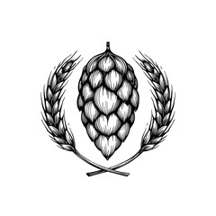 Fototapeta premium Hop cone and wheat wreath, engraved logo style.