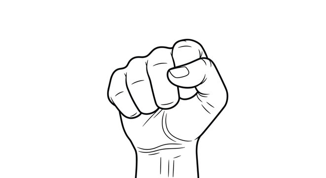 Powerful black and white line drawing of a raised clenched fist representing protest rebellion and social justice movements.