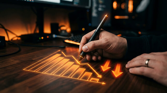 Hand holding stylus over illuminated bar graph with downward arrows on wooden desk