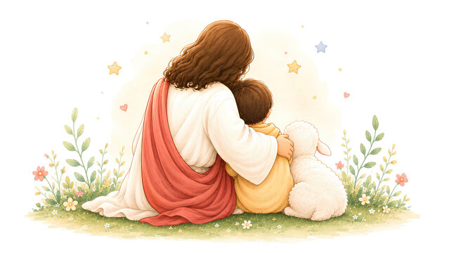 Jesus Sitting and Hugging a Child Beside a Gentle Lamb