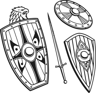 Viking shields, medieval sword, ancient armor, 3 vector icons