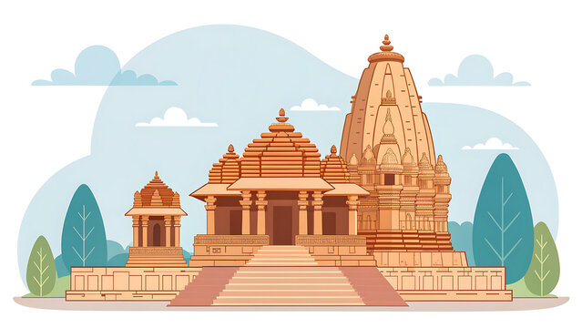 Khajuraho temples, modern flat vector tourism art, geometric carvings simplified