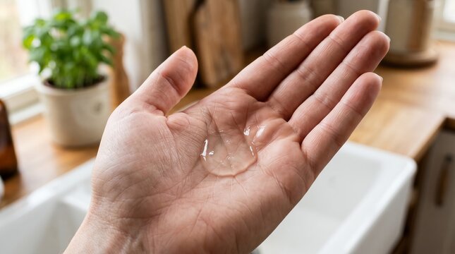 Close-up of an open hand holding a drop of clear hand sanitizer gel in a modern home setting. Ideal for illustrating personal hygiene, infection prevention, healthcare, wellness, and healthy daily rou