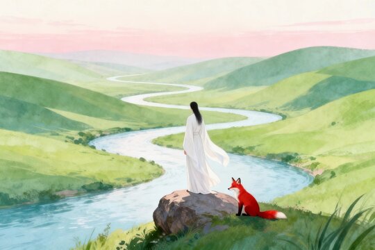 Watercolor Landscape with River and Fox