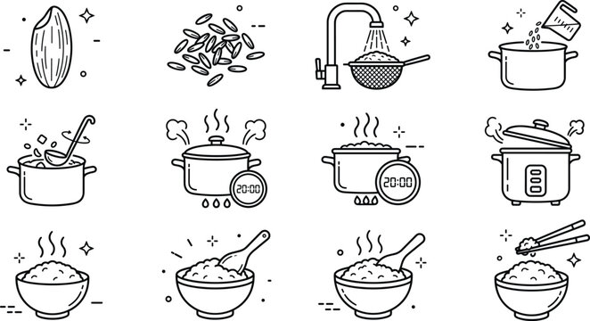 Rice cooking instructions and preparation line icon set with boiling pots rice cooker and bowls