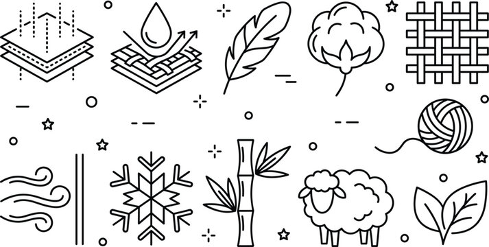 Textile materials and fabric properties line icon set with breathable waterproof cotton wool and bamboo elements