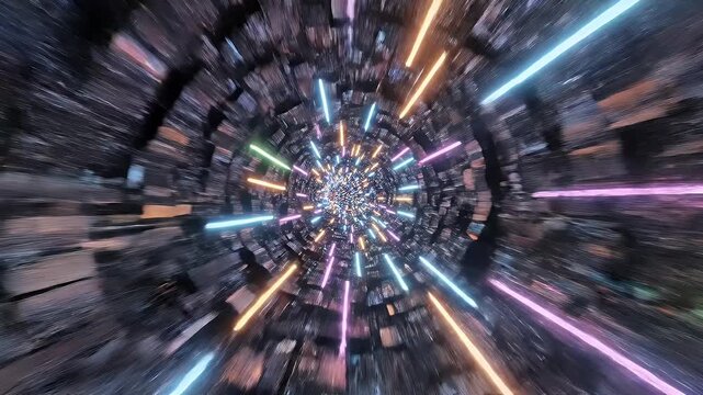 A vibrant, abstract tunnel of light streaks into the distance, creating a sense of rapid motion.