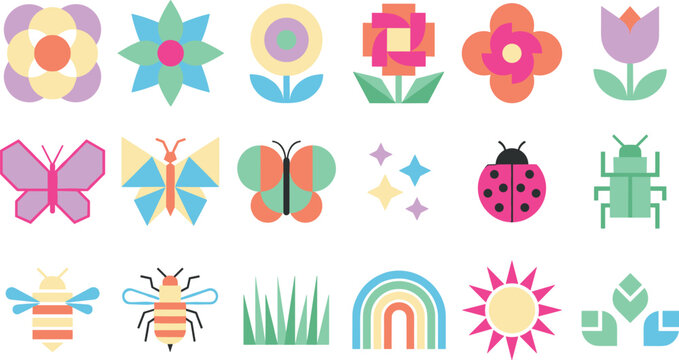Geometric spring nature icon set with flat minimalist flowers butterflies ladybug bees grass rainbow and sun elements for pattern graphic designs