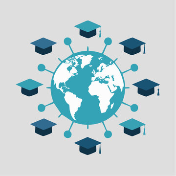 Graduation caps surround the Earth symbolizing global education and learning connections worldwide